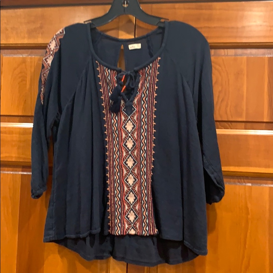 Boho Navy Blouse With Embroidered Sleeves